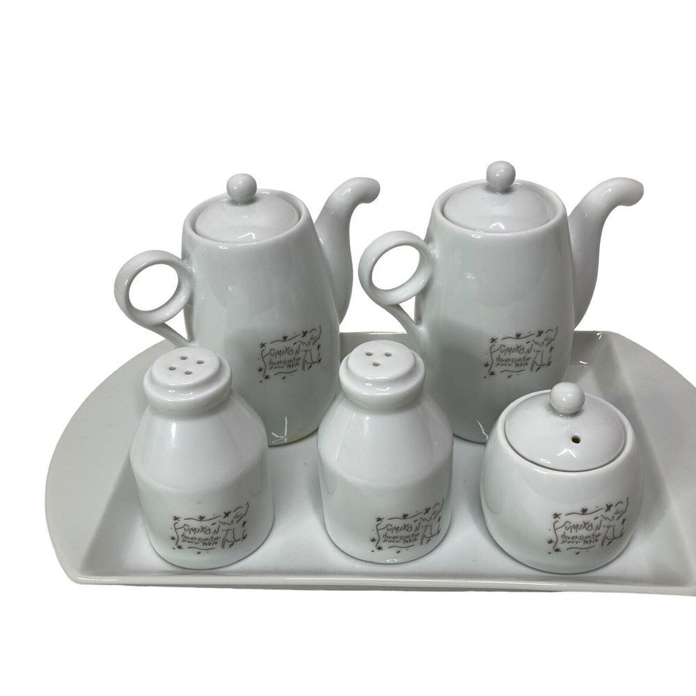 Sumiko.N. Porcelain Tray Tea Milk Carafes Salt Pepper Sugar White Table Vintage
